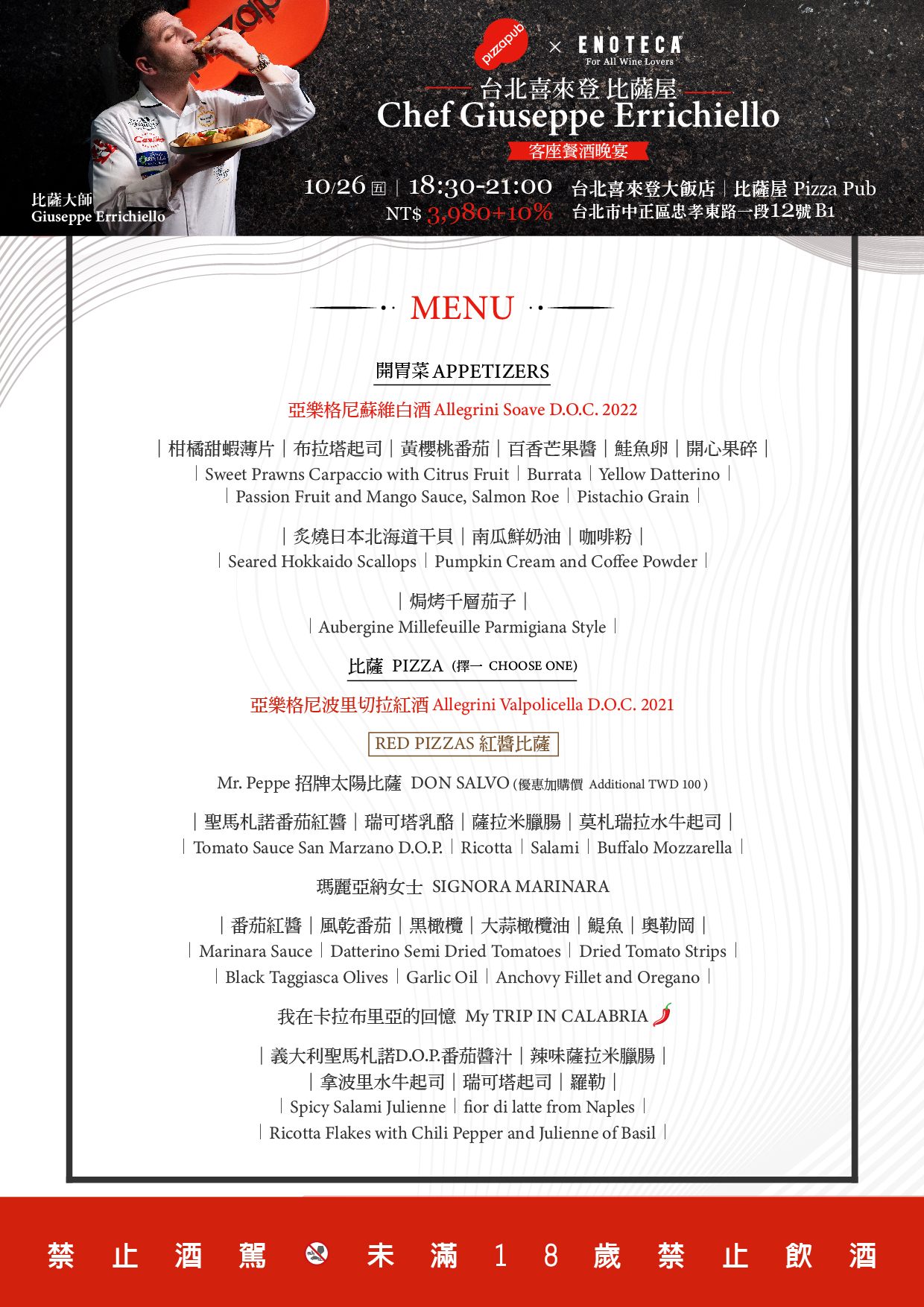喜來登比薩屋Giuseppe Errichiello客座餐酒晚宴